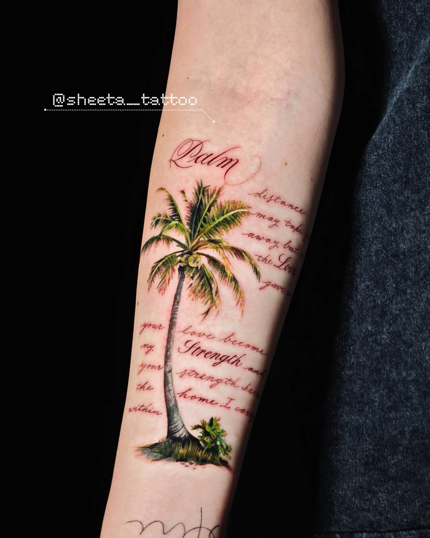 Palm tree tattoo with English lettering on the forearm.